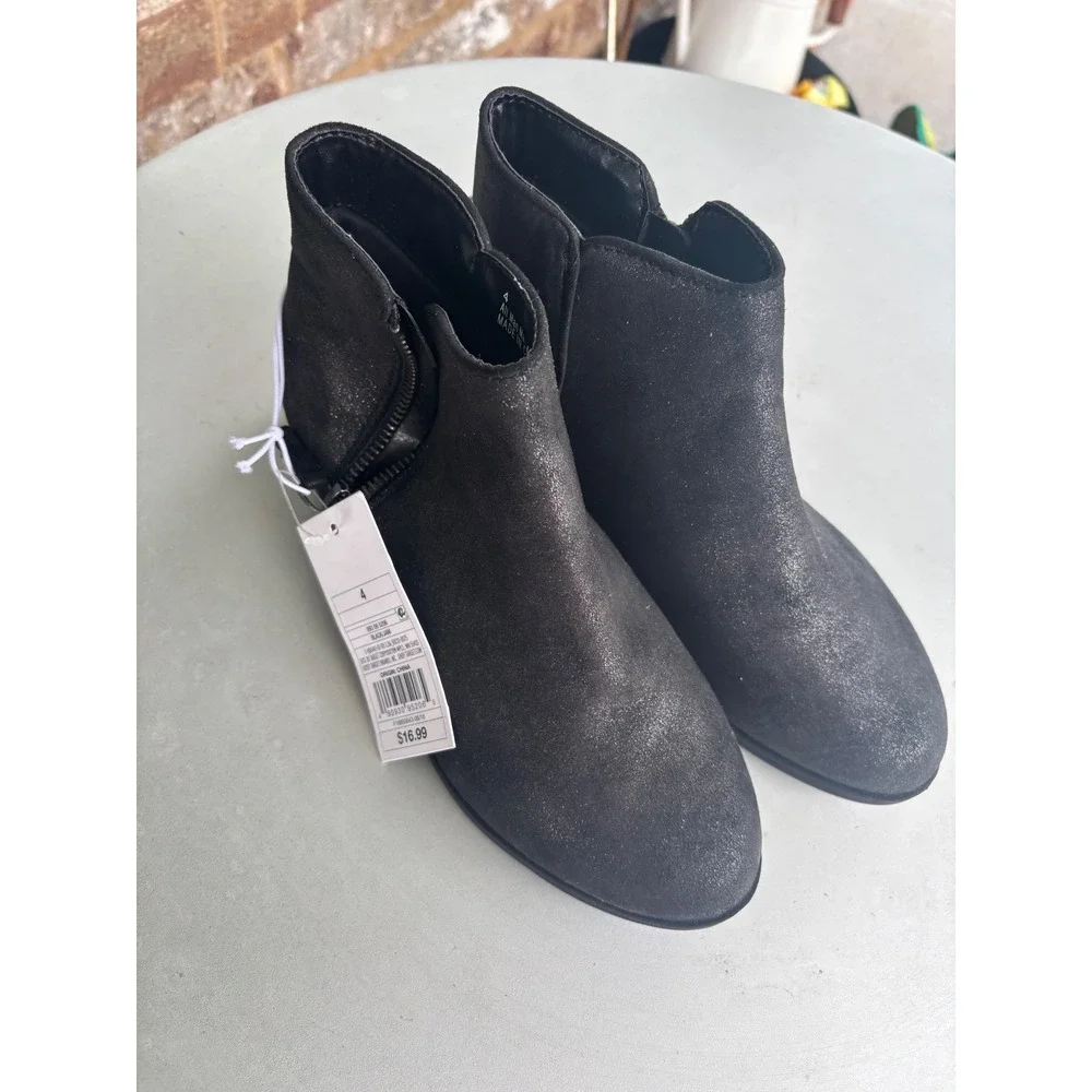Cat & Jack Jani Girls Black Shimmer Ankle Boots Side Zip Size 4 Kids